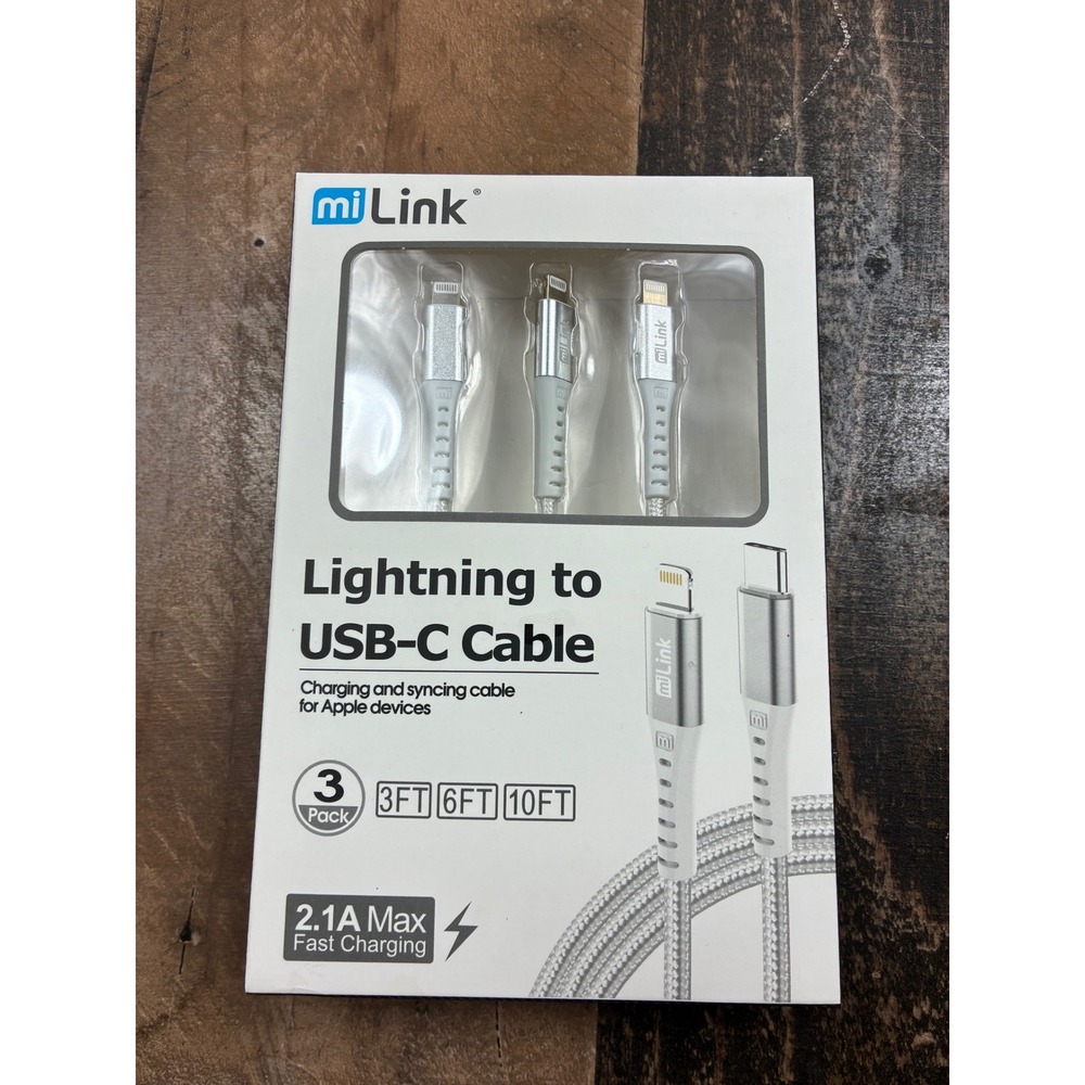 miLink Lightning to USB-C Cable 3Pack Braided Nylon 3ft 6ft 10ft Silver LTC3-113